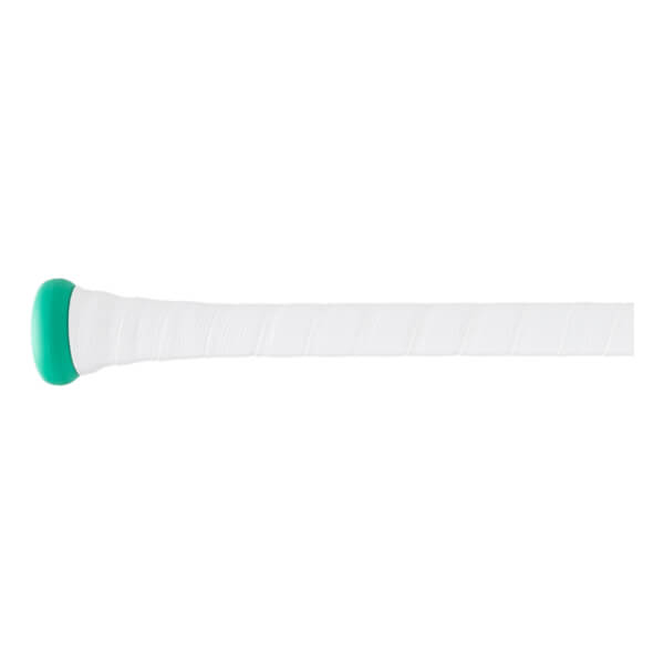 Side view of a baseball bat handle with a mint green knob and white spirally wrapped grip tape.