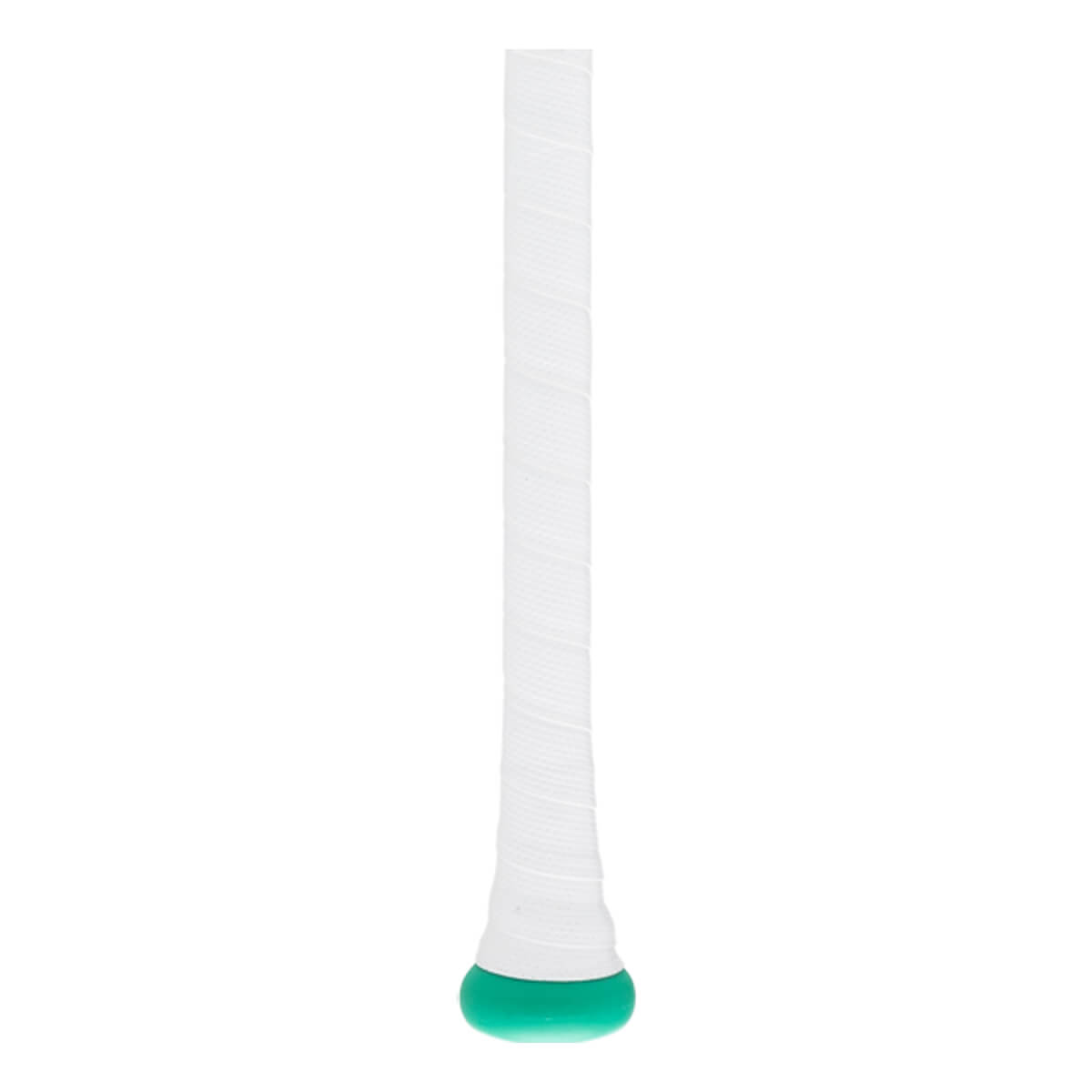 Close-up of a white bat grip with textured tape and a mint green knob.
