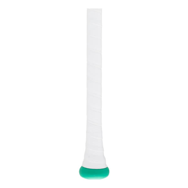 Close-up of a white bat grip with textured tape and a mint green knob.
