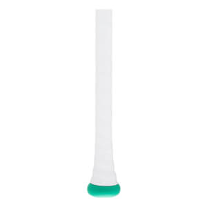 Close-up of a white bat grip with textured tape and a mint green knob.