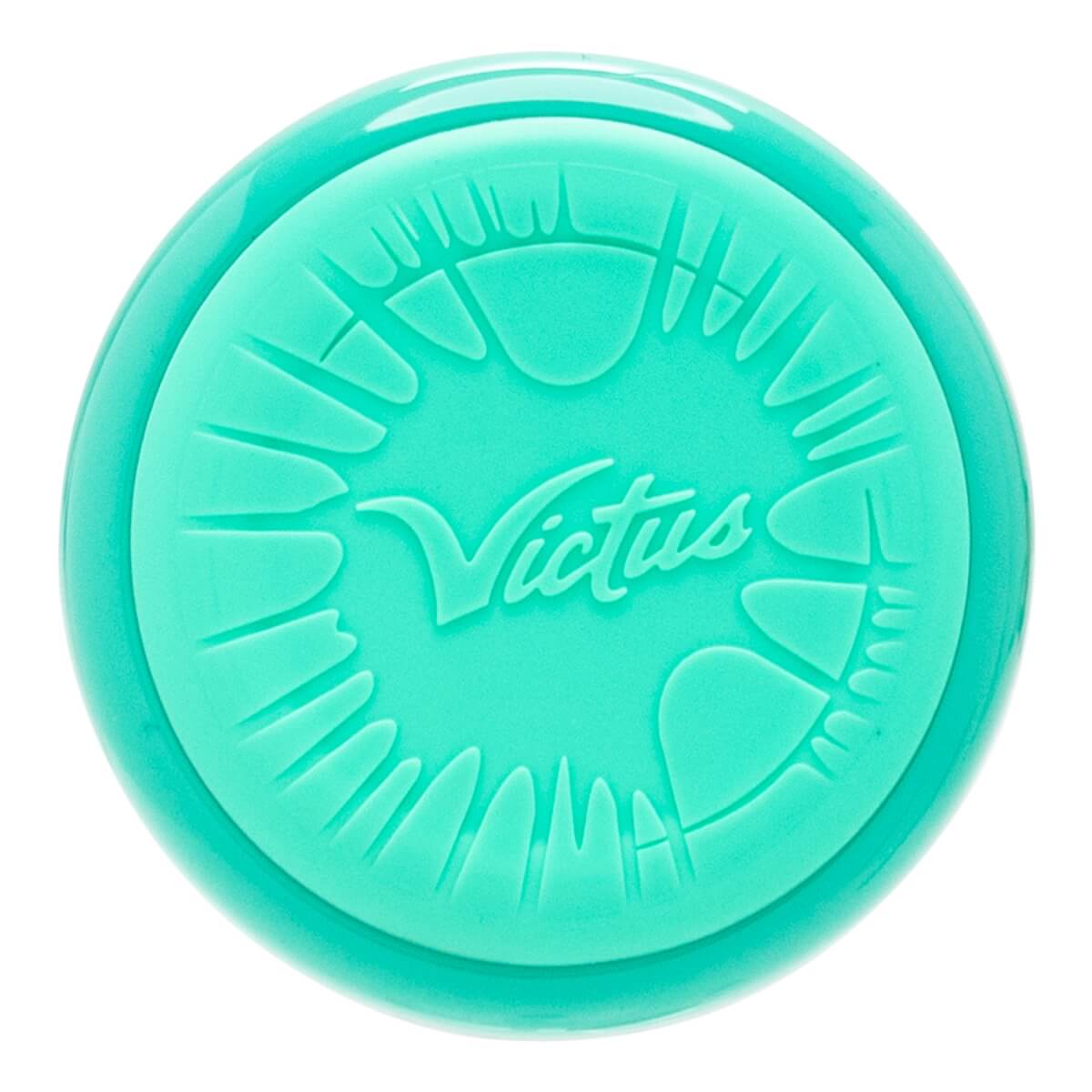Top-down view of a mint green bat end cap with an embossed Victus logo and a textured sunburst design.