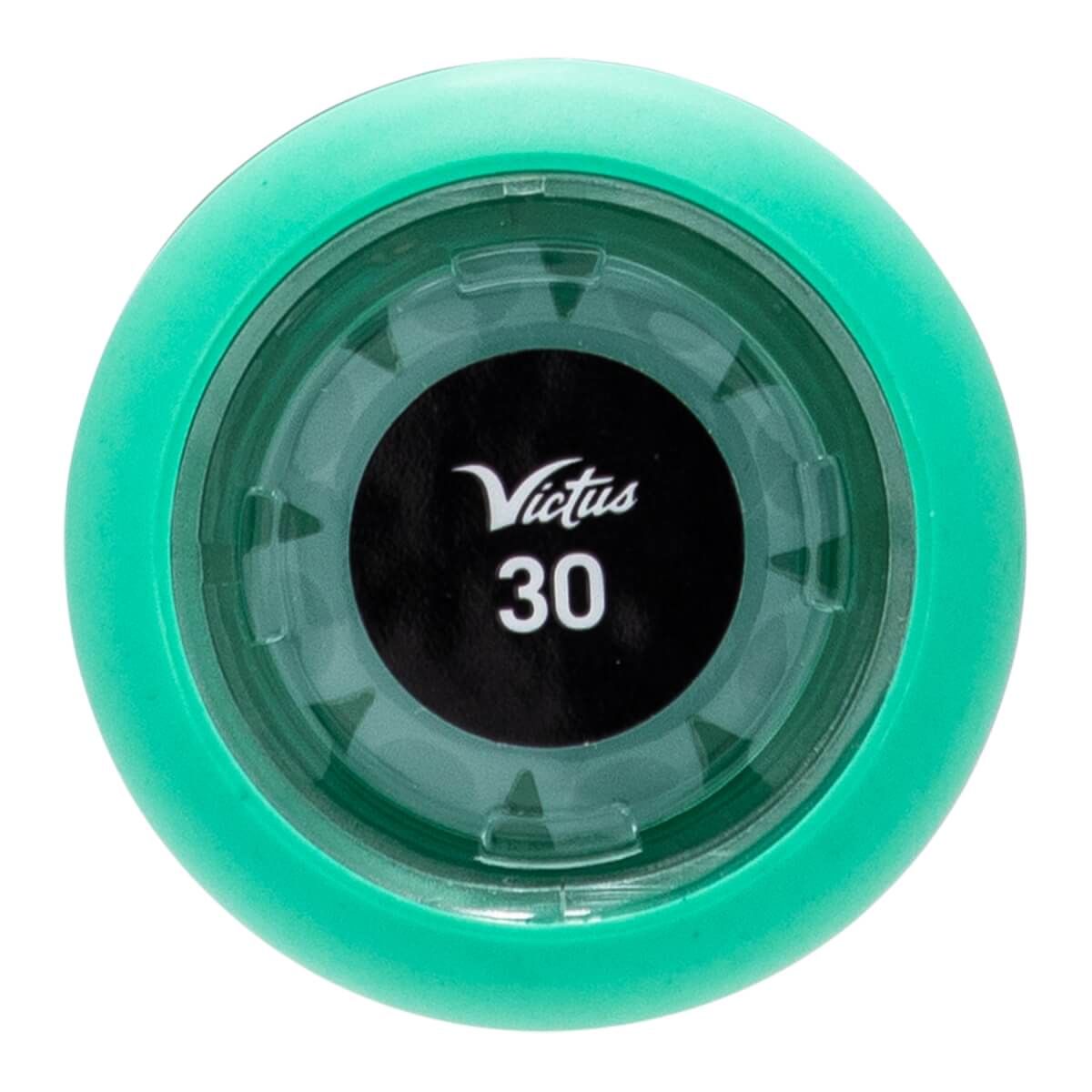 Top-down view of a mint green baseball bat end cap with a clear green insert, displaying Victus and 30.