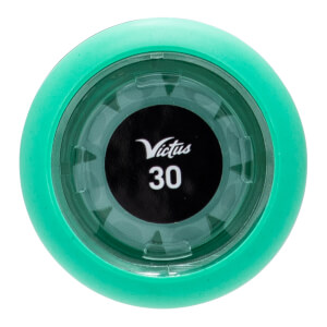 Top-down view of a mint green baseball bat end cap with a clear green insert, displaying Victus and 30.