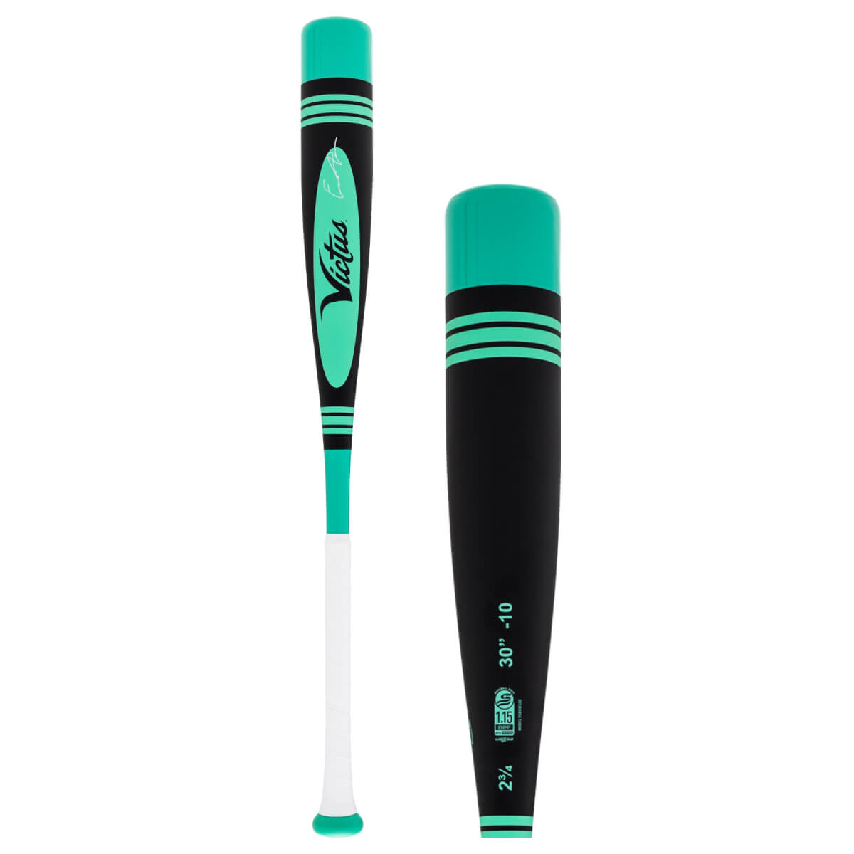 Full view and rotated barrel close-up of a mint green, black, and white baseball bat with Victus logo and USSSA specs.