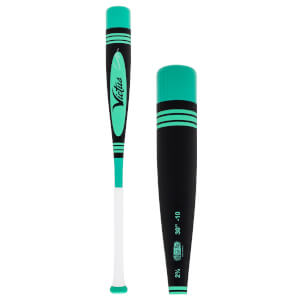 Full view and rotated barrel close-up of a mint green, black, and white baseball bat with Victus logo and USSSA specs.