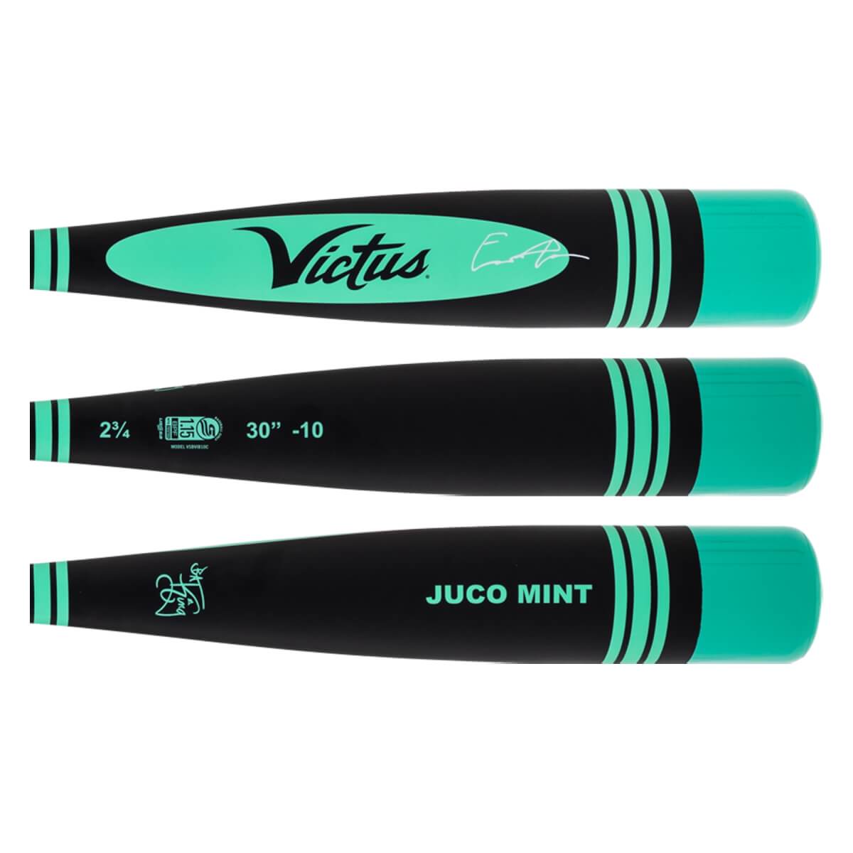 Multiple side views of a black and mint green baseball bat with Victus logo, JUCO MINT text, and size details.