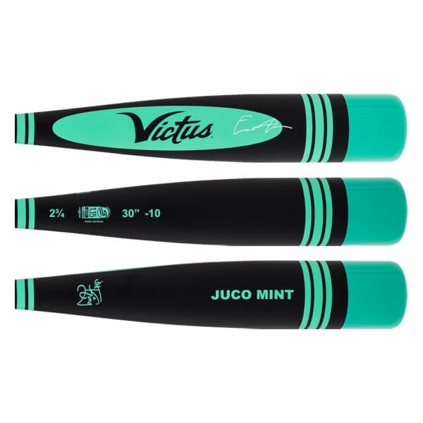 Multiple side views of a black and mint green baseball bat with Victus logo, JUCO MINT text, and size details.