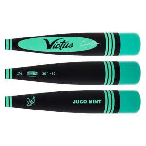 Multiple side views of a black and mint green baseball bat with Victus logo, JUCO MINT text, and size details.