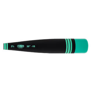 Side view of a black baseball bat with mint green stripes, end cap, and USSSA 30 -10 text.