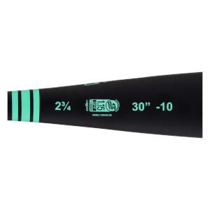 Close-up of a black baseball bat with mint green stripes, USSSA stamp, and 30 -10 specifications.