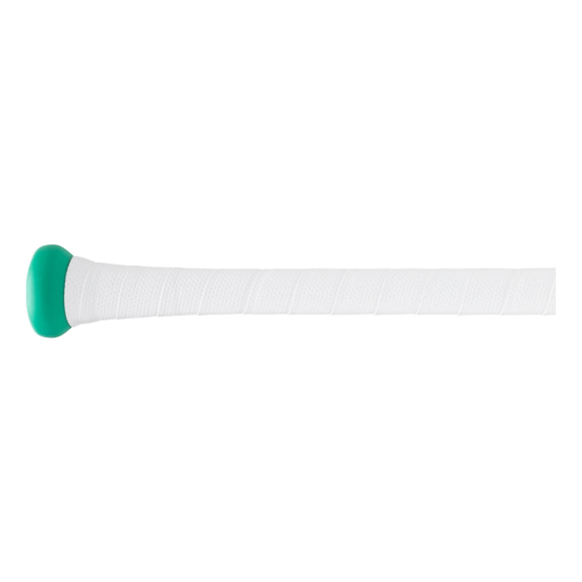 Close-up of the handle of a mint green and white baseball bat with a mint green knob and white spiraled grip tape.