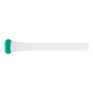 Close-up of the handle of a mint green and white baseball bat with a mint green knob and white spiraled grip tape.