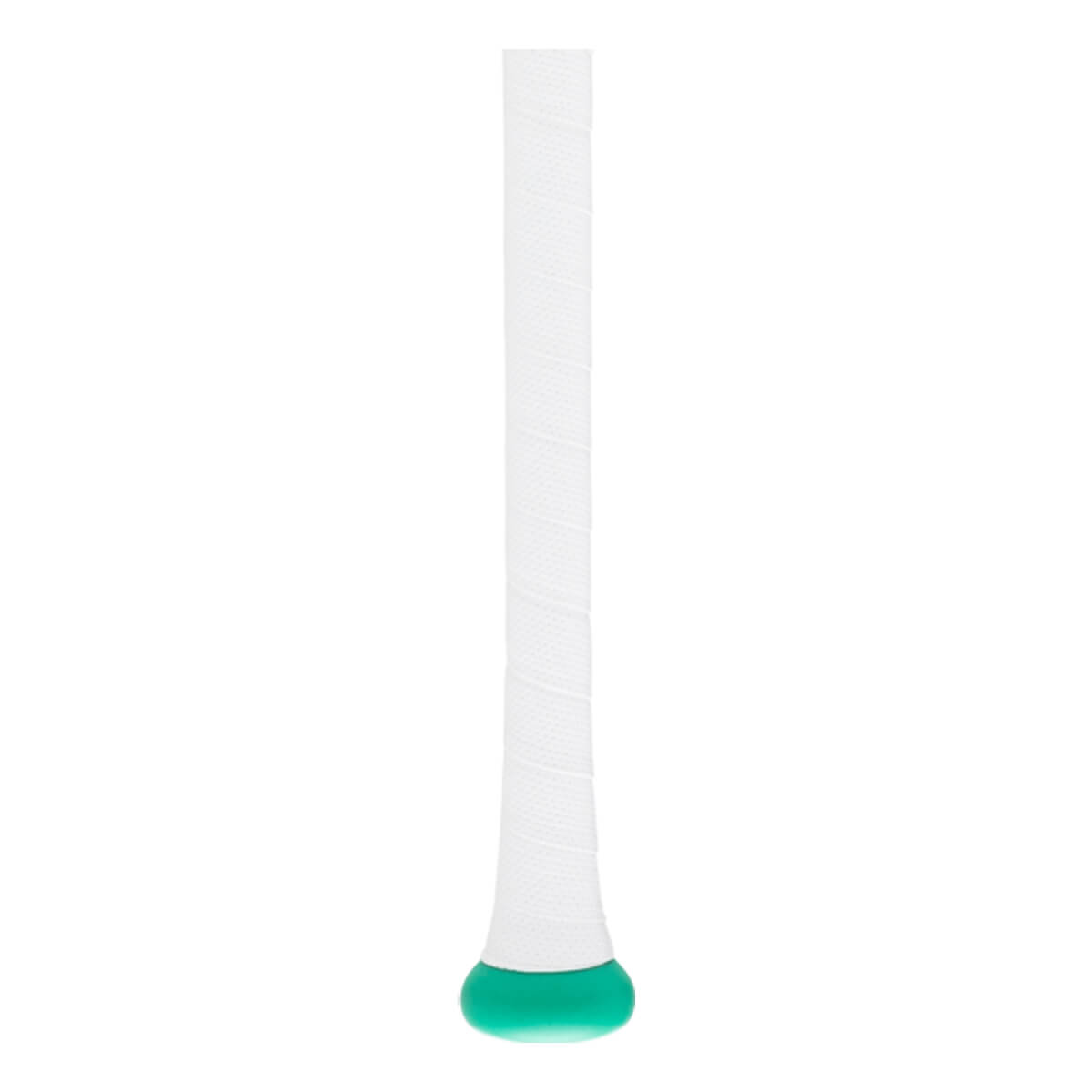 Close-up of a white baseball bat handle with spiraled grip tape and a mint green knob.