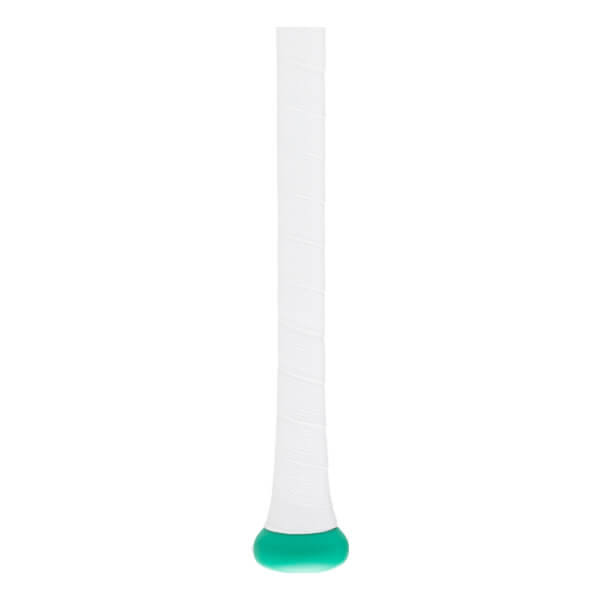 Close-up of a white baseball bat handle with spiraled grip tape and a mint green knob.