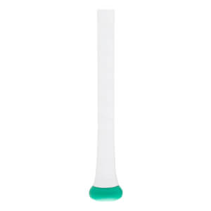 Close-up of a white baseball bat handle with spiraled grip tape and a mint green knob.