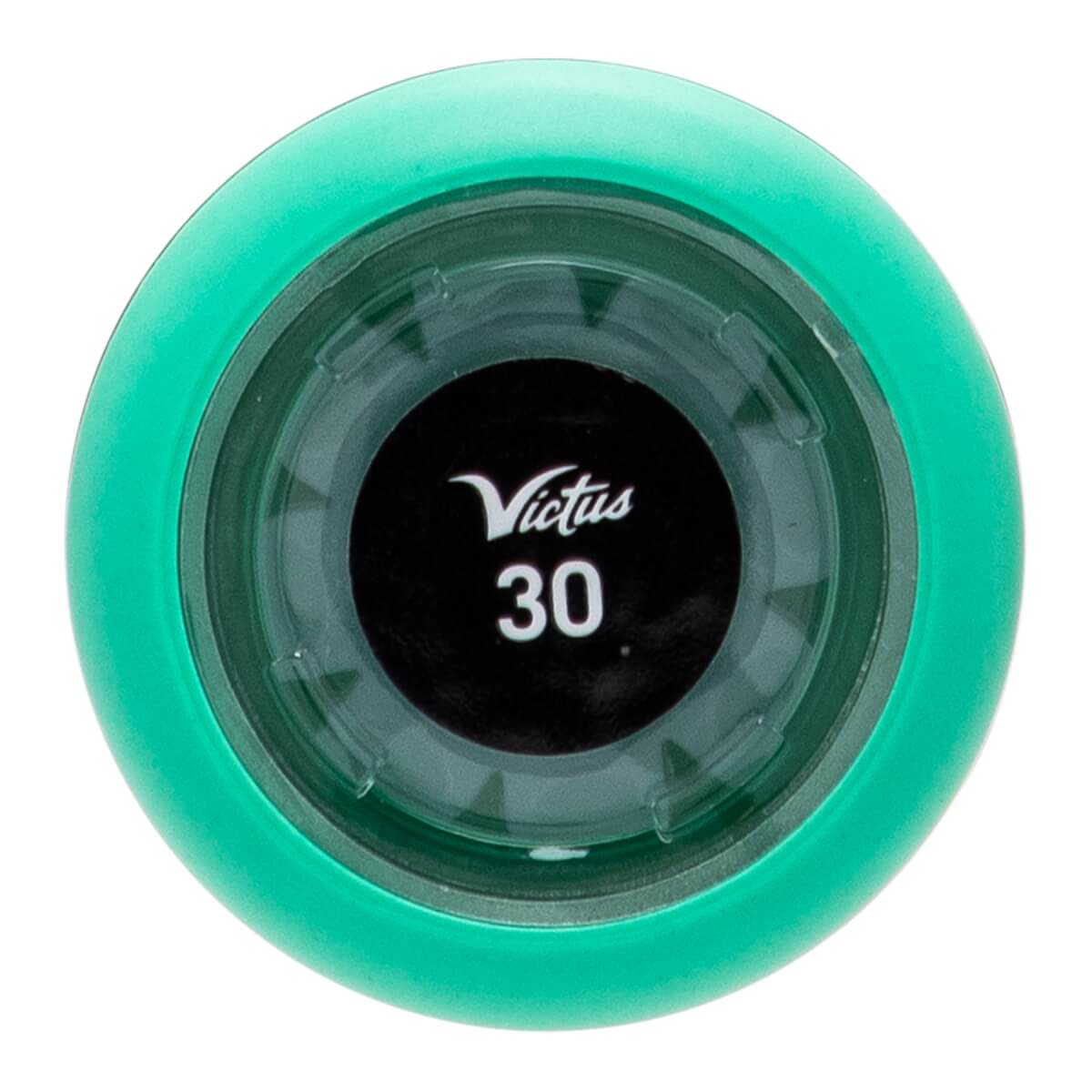 Top-down view of a mint green baseball bat end cap with a clear insert showing Victus and 30 on a black circle.