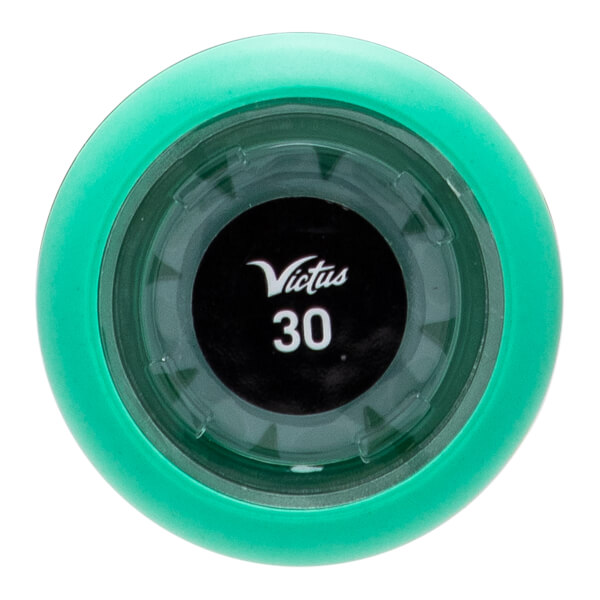 Top-down view of a mint green baseball bat end cap with a clear insert showing Victus and 30 on a black circle.