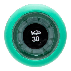 Top-down view of a mint green baseball bat end cap with a clear insert showing Victus and 30 on a black circle.