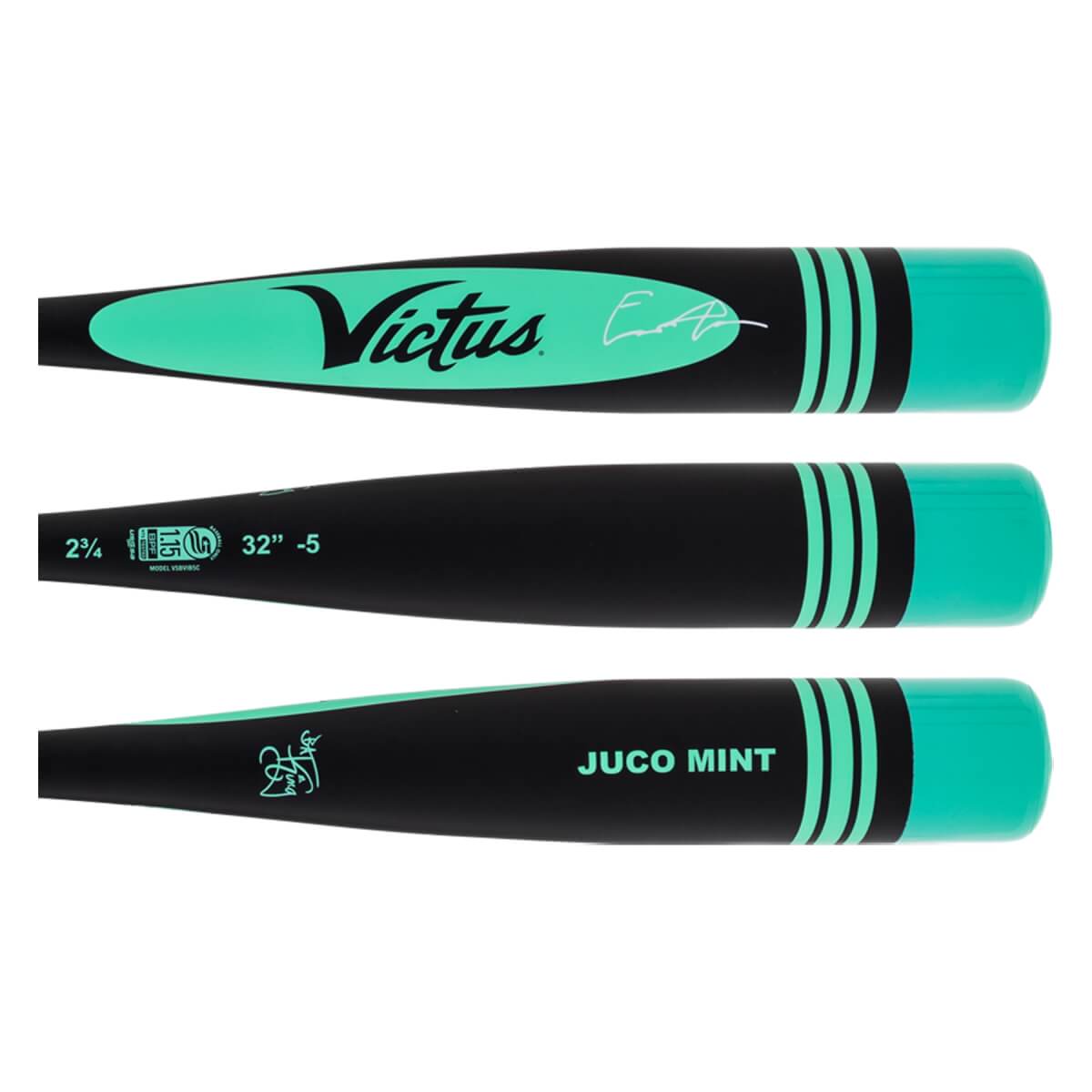 Composite view of a black and mint green baseball bat barrel with Victus logo, JUCO MINT text, and size specs.