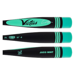 Composite view of a black and mint green baseball bat barrel with Victus logo, JUCO MINT text, and size specs.
