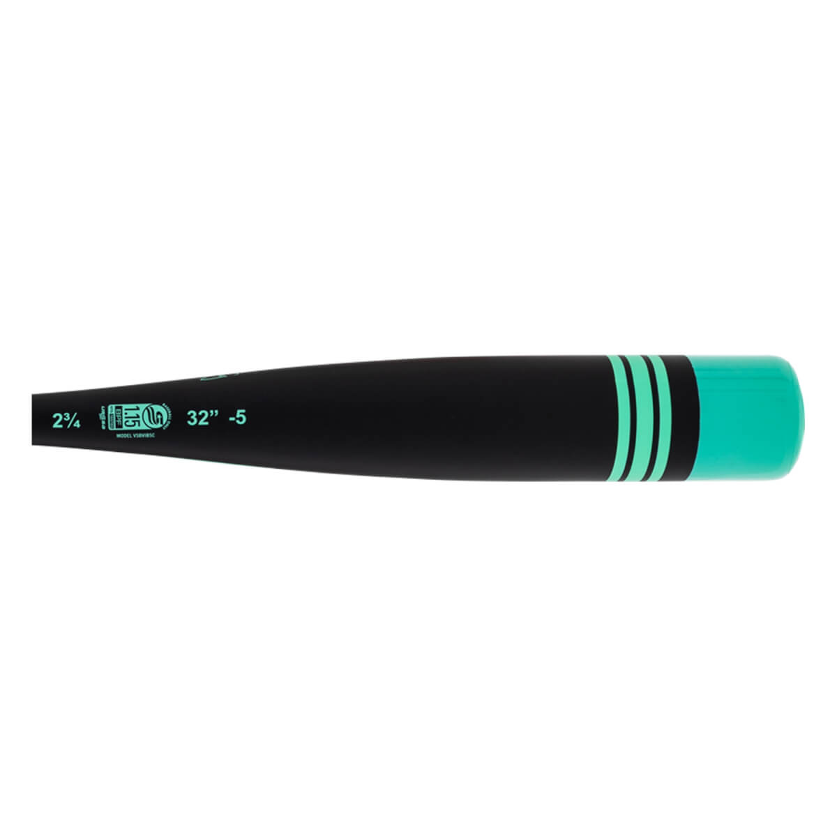 Side view of a black baseball bat with a mint green end cap, three black stripes, and USSSA 32 -5 text.
