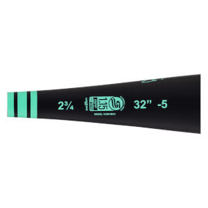 Close-up side view of a black baseball bat with mint green stripes and USSSA certification details.