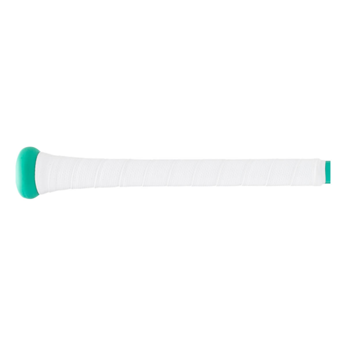 Side view of a baseball bat handle with a mint green knob, white textured grip tape, and a mint green end band.