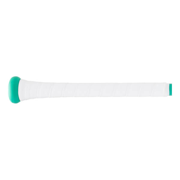 Side view of a baseball bat handle with a mint green knob, white textured grip tape, and a mint green end band.