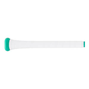 Side view of a baseball bat handle with a mint green knob, white textured grip tape, and a mint green end band.