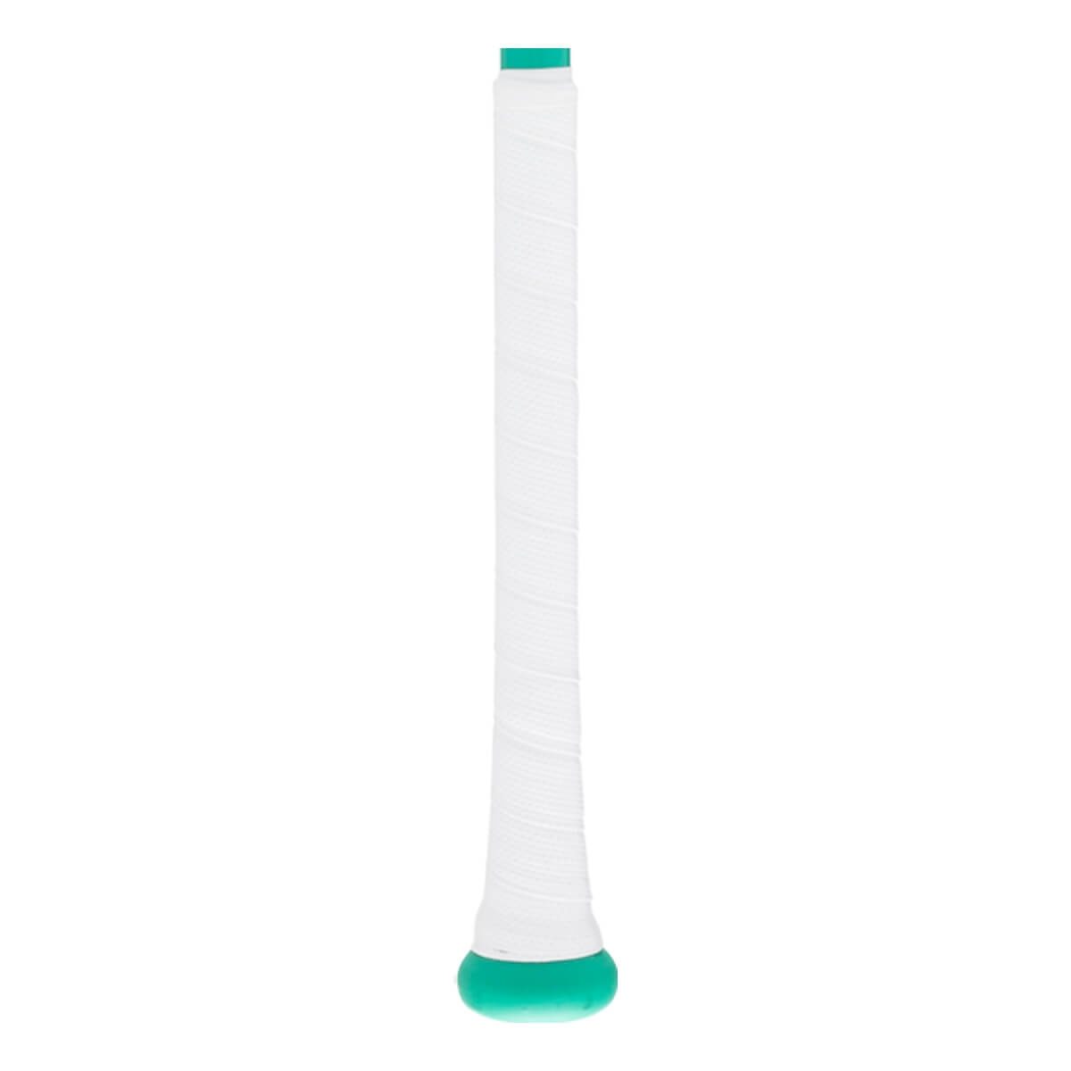Full view of a white baseball bat grip with a mint green knob and spiral texture.