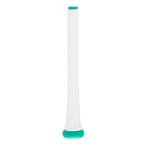 Full view of a white baseball bat grip with a mint green knob and spiral texture.