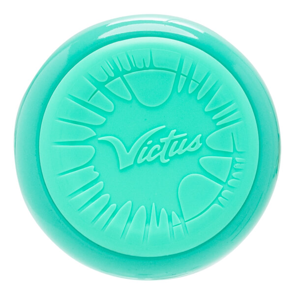 Top-down view of a mint green bat end cap with an embossed Victus logo and a stylized monster mouth design.