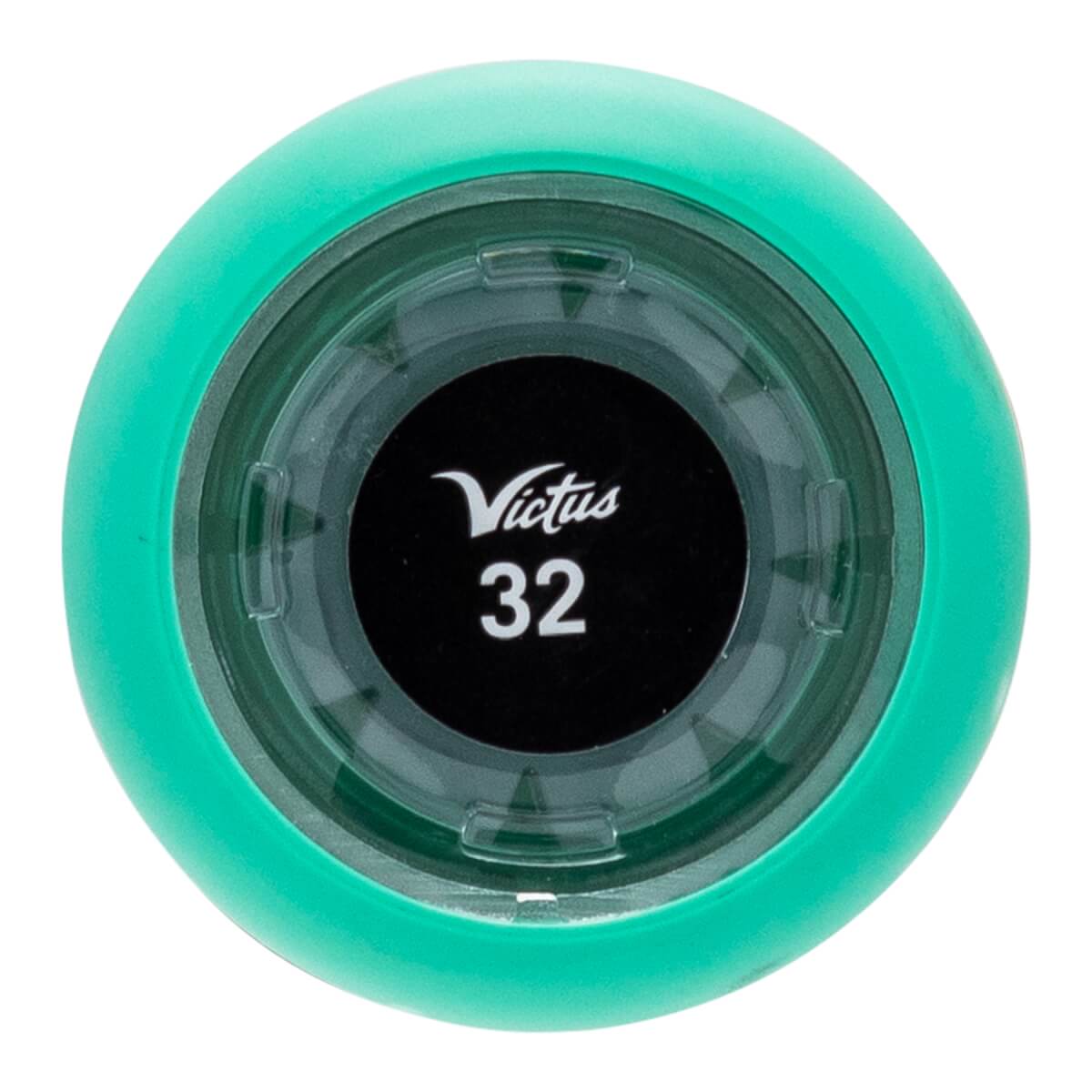 Top-down view of a mint green baseball bat end cap with a clear center showing the white Victus logo and 32.