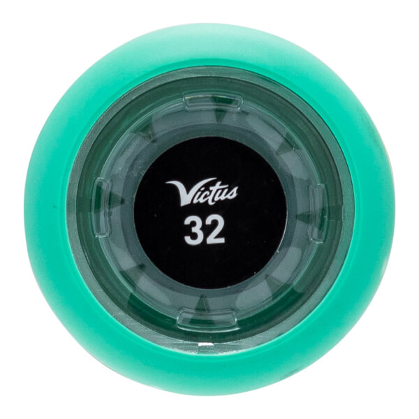 Top-down view of a mint green baseball bat end cap with a clear center showing the white Victus logo and 32.