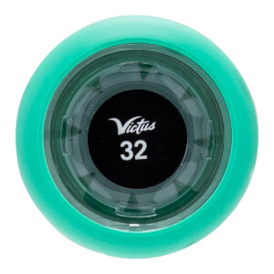 Top-down view of a mint green baseball bat end cap with a clear center showing the white Victus logo and 32.