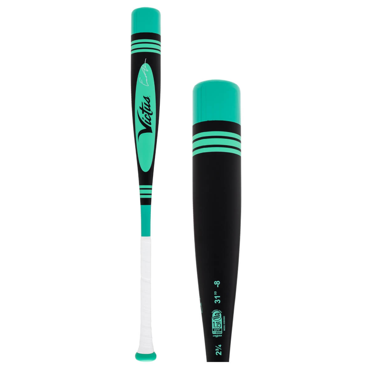 Side view of a black and mint green baseball bat with white grip, Victus logo, and barrel specifications.