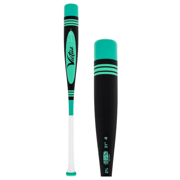 Side view of a black and mint green baseball bat with white grip, Victus logo, and barrel specifications.