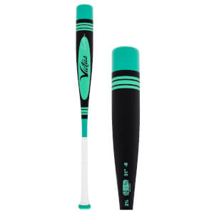 Side view of a black and mint green baseball bat with white grip, Victus logo, and barrel specifications.
