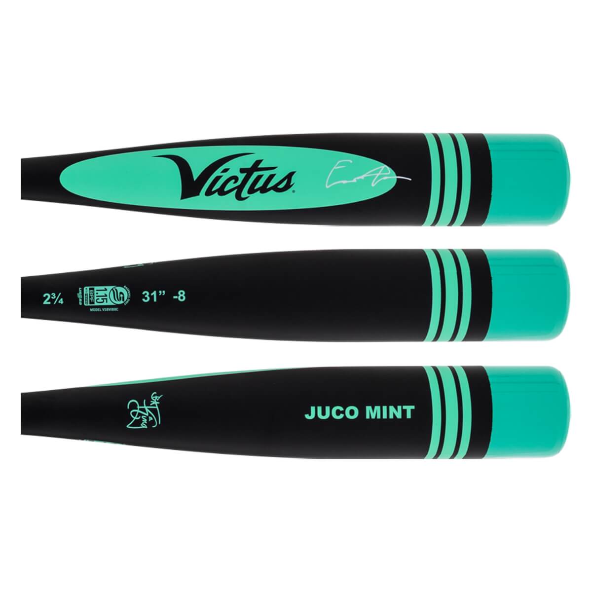 Multiple views of a black and mint green baseball bat with Victus logo, JUCO MINT text, and USSSA stamp.