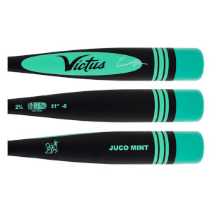Multiple views of a black and mint green baseball bat with Victus logo, JUCO MINT text, and USSSA stamp.