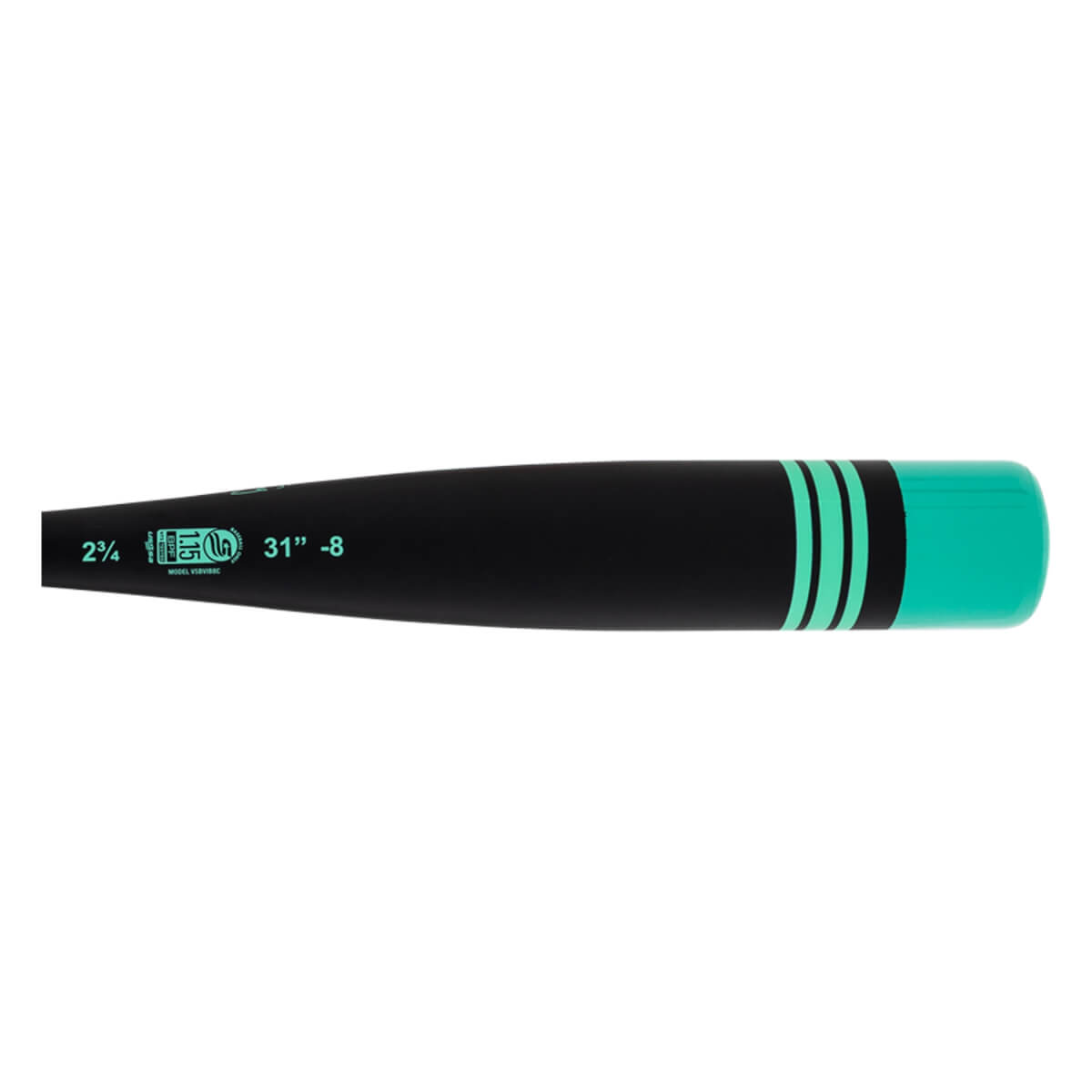 Side view of a black baseball bat with mint green USSSA logo, a mint end cap, and three black stripes.
