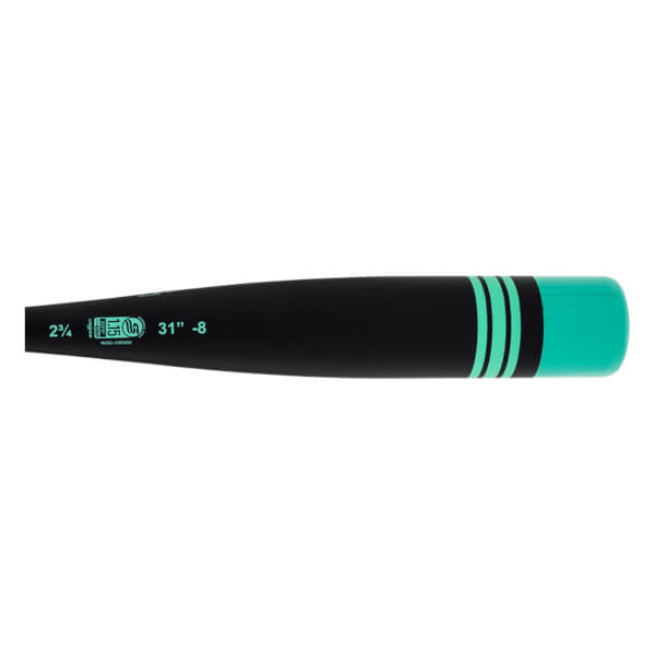 Side view of a black baseball bat with mint green USSSA logo, a mint end cap, and three black stripes.