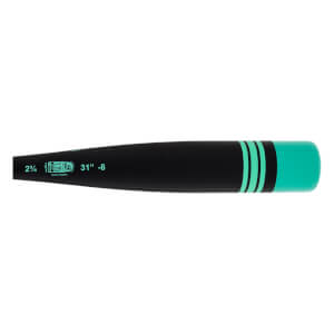 Side view of a black baseball bat with mint green USSSA logo, a mint end cap, and three black stripes.