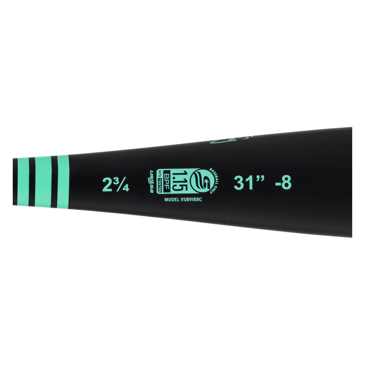 Close-up of a black baseball bat barrel with mint green stripes, 2 3/4 diameter, and USSSA 1.15 BPF stamp.
