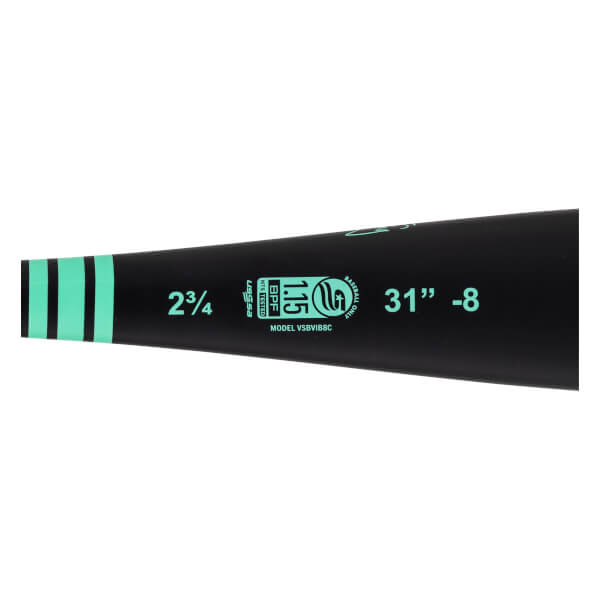 Close-up of a black baseball bat barrel with mint green stripes, 2 3/4 diameter, and USSSA 1.15 BPF stamp.