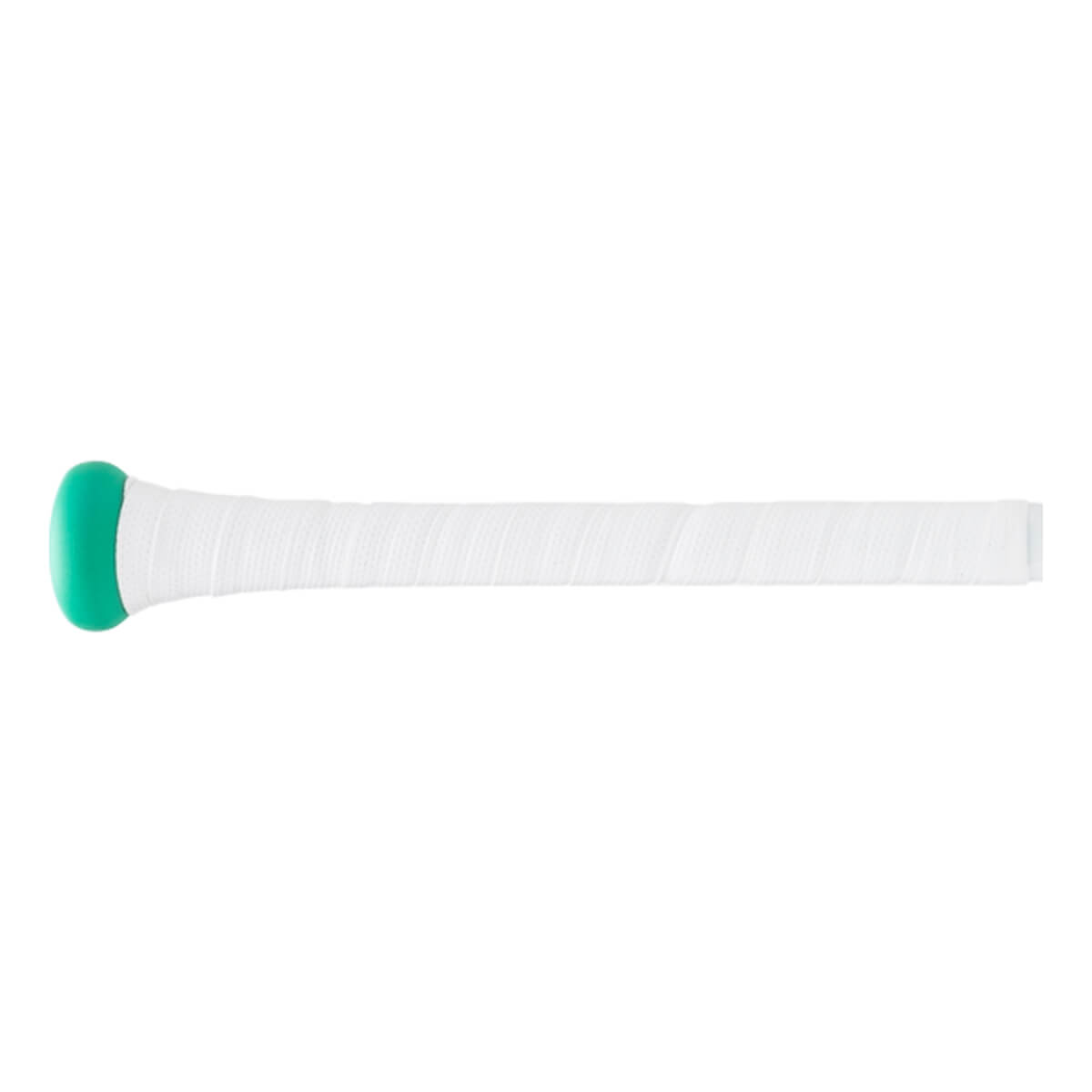 Side view of a white baseball bat with a mint green knob and spirally wrapped white grip.