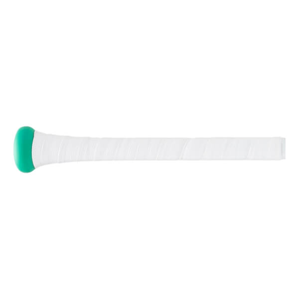 Side view of a white baseball bat with a mint green knob and spirally wrapped white grip.