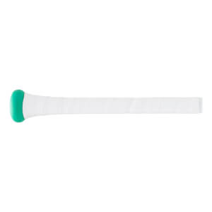 Side view of a white baseball bat with a mint green knob and spirally wrapped white grip.