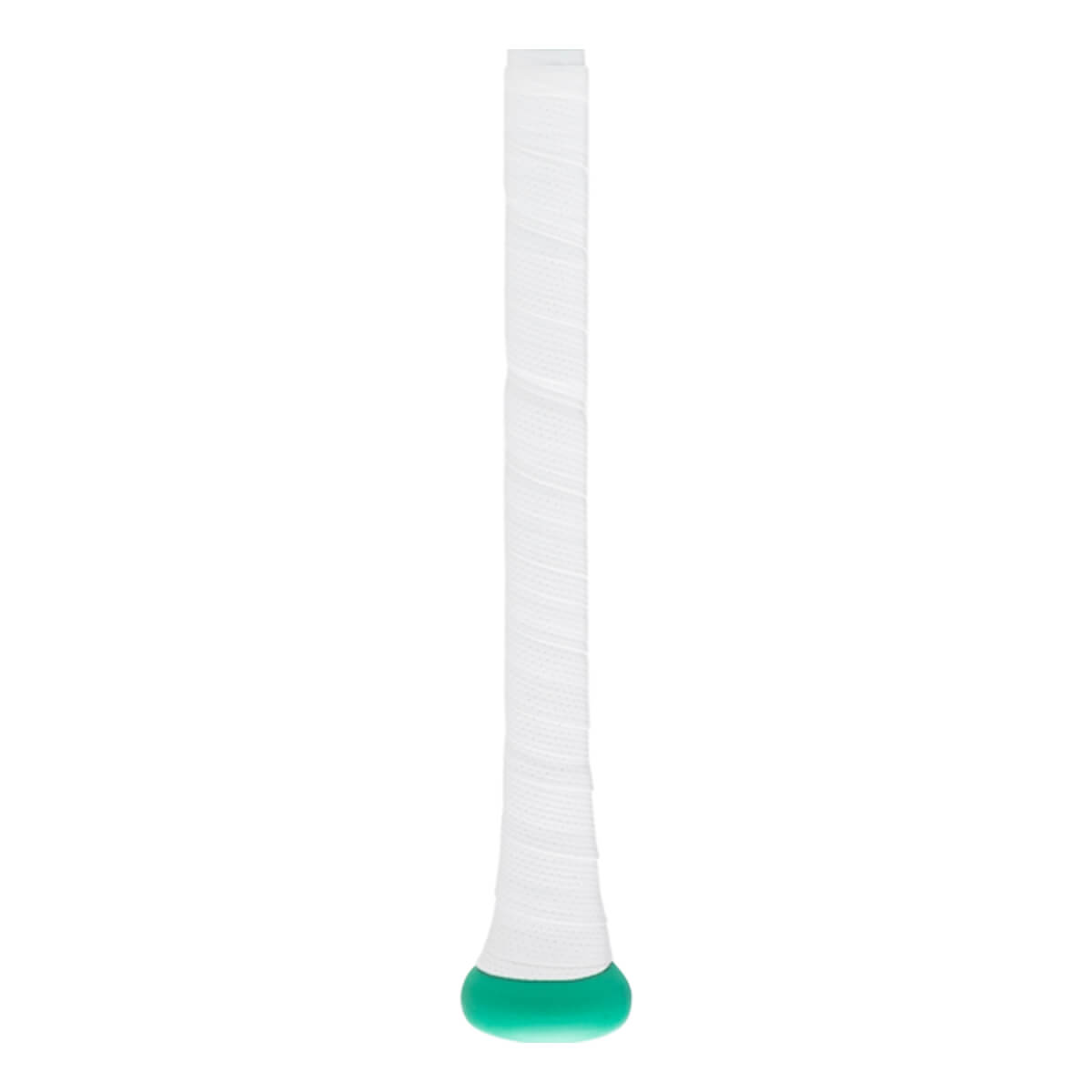 Close-up of a white baseball bat handle with a spiral-wrapped grip and a mint green knob.