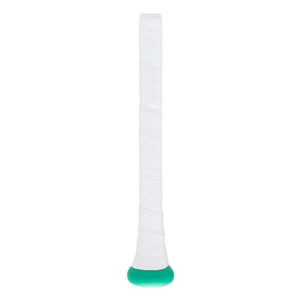 Close-up of a white baseball bat handle with a spiral-wrapped grip and a mint green knob.